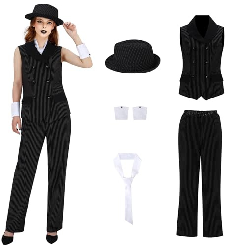 LIKUNGOU Disfraz de Gángster Mafia para Mujeres Años 20 Raya Diplomática Boss Traje Halloween Fiesta Set (XXL)