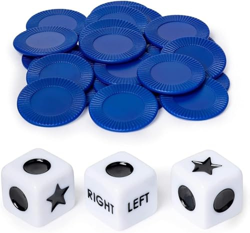 24 Pcs Blue Chips Left Right Center Dice Game Prime | Innovative Left Right Center Dice Game Set with 3 Dices and, Dice Games for Families Nights, Friends Gatherings Games and Accessories