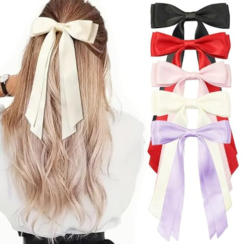 Satin Hair Bows for Girls Women – 5 PCS Large Bow Clips with Metal Clamps,Long Ribbon Tails, Silk Hair Clip for Party Wedding Birthday