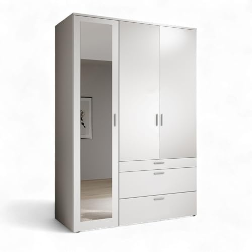 Stella Trading VESALA - Armadio con porta a specchio in bianco, versatile armadio a 3 ante per la camera da letto, 135 x 195 x 56 cm (larghezza x altezza x profondità)