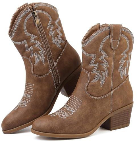 Bravover Cowboy Boots For Women Cowgirl Boots brown Western Size 6 Botte Cowboy Femme Knee High Wide Calf For Women Retro Western And Travelling Embroidered Pointed Toe Low Heel Mid Calf