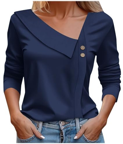Uwdiohq Hauts à col asymétrique pour Femmes, Manches Longues, boutonné, Chemisiers en V, Travail décontracté, Chemises habillées, 2025 Grande Taille pour Femmes Sexy Manches Chemise Longue Femme