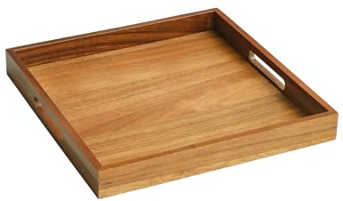 13 inch Acacia Wood Square Serving Tray, Decorative Platter with Handles, for Breakfast in Bed, Coffee Table, Appetizers, Snacks or Home Decor
