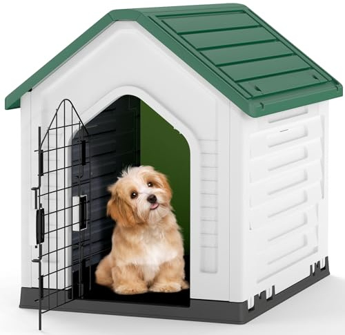 GOPLUS Caseta de Perro de Plástico, Casa para Perros con Puerta de Malla Bloqueable y Piso Elevado, Ventilación, Techo Inclinado, Perrera para Interior y Exterior para Mascotas (Verde)