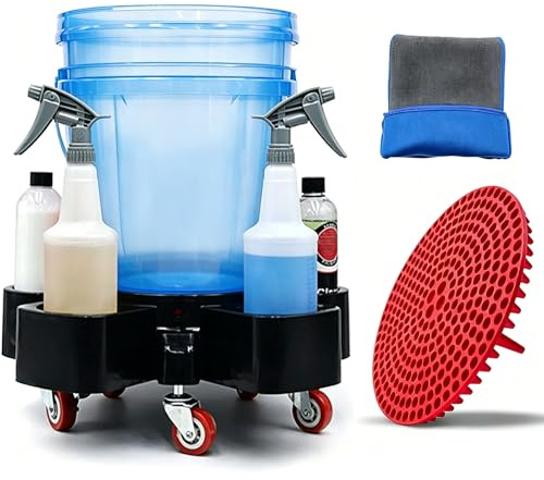Paquete de cubeta de lavado de coche con filtro de sedimentos y guante de lavado, 5 ruedas giratorias, 2 con frenos, cubos rodantes fáciles de empujar para limpieza de automóviles y proyectos de