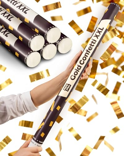 Partyjoker 5er Set Konfettikanone Gold XXL - Extra Groß & Extra viel Konfetti - Einfach & Sicher zu Bedienen - 5-8 Meter Konfettistrahl - Für Innen und Draußen