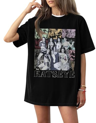 KATSEYE Merch Womens Tops Katseye Album Tees Casual Girl Group Print Blouse Short Sleeve Crew Neck Shirts for Women UK Cute Y2K T-Shirt Black M