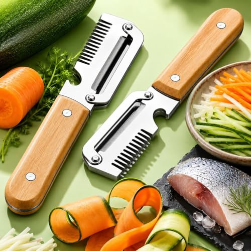 Pelapatate Multifunzione, 5 in 1 Coltello Pelapatate Multifunzione Acciaio Inox Con Manico in Legno e Apribottiglie, Coltello Per Affettare Verdure (2PC)