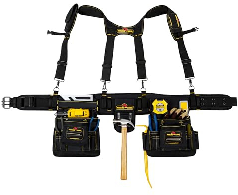MagnoGrip 20-Pocket Builder’s Tool Rig with Magnetic Storage—Heavy-Duty 1680D Polyester Tool Belt with Padded Suspenders, Rivet Reinforced Stress Points, and Smartphone Holder, Fits Up to 52” Waist.