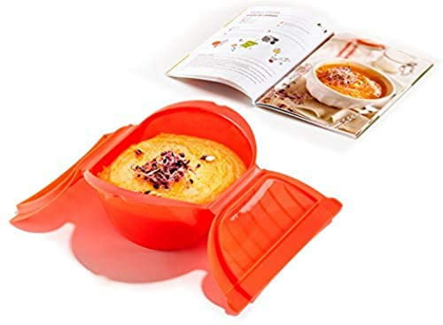 Lékué Kit Estuche de vapor Hondo + Libro recetas De cuchara y tenedor, Rojo, 3/4 personas