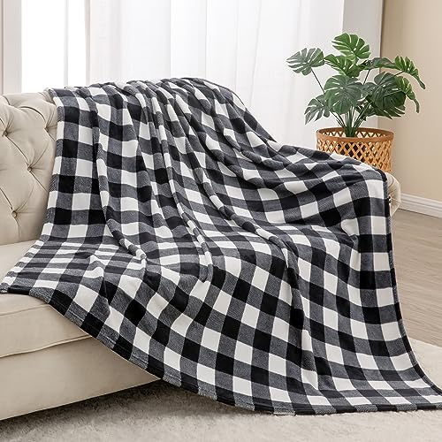 BEDELITE Plaid Fleece Throw Blanket for Couch, Black & White Checkered Flannel Blanket, Cozy & Soft Buffalo Plaid Decor Blanket for Women, Men, 50x60