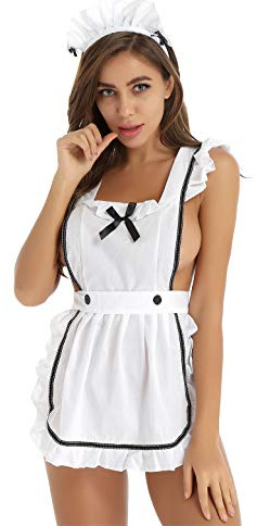 dPois Uniforme Serveuse Femme Lingerie Sexy Femme Coquine Soubrette Déguisement Ménage Servante Tablier String Ficelle écoliere Serre-Tête Nuisette Babydoll S-4XL Blanc C Taille unique