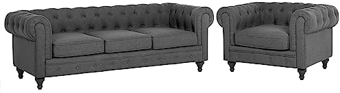 Beliani Juego de Sala de Estar Chesterfield tapizado en Tela Gris Patas de Madera Oscura sofá de 3 plazas + sillón Chesterfield