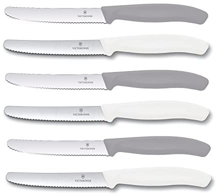 Victorinox 6 Stück Tafelmesser - Küchenmesser - Brötchenmesser Swiss Classic mit Wellenschliff - Swiss Made - Limited Edition Cool Grey/Weiß