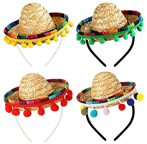 4 mini sombreros mexicanos, disfraz de fiesta del Cinco de Mayo, diademas de sombrero de paja, mini sombrero de paja divertido, para fiesta, carnaval, verano, fiesta temática mexicana (amarillo claro)
