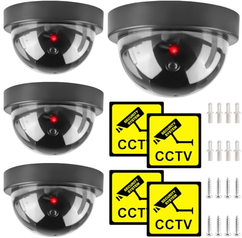 Caméra factice : lot de 4 caméras de surveillance factice CCTV avec lumière LED clignotante, caméra de sécurité dôme factice pour l'intérieur et l'extérieur