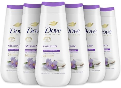 Dove Bagnoschiuma Rilassante, Bagnodoccia Idratante, Formula Delicata sul Microbioma della Pelle, con Agenti Idratanti Vegetali, Senza Solfati SLES, Bagnodoccia Uomo e Donna, 6 Pezzi da 225 ml