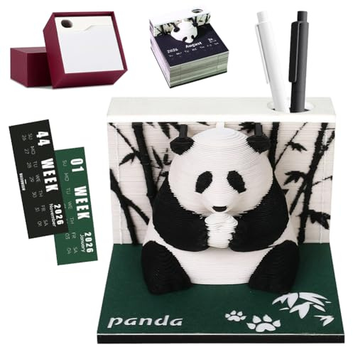 VOHESEA Panda Kalender 2026, 3D-Kalender 2026, Gör-Det-Själv-Timerkalender för Rivning, 3D-Konstblock i Pandaform, 3D-Anteckningsblock av Papperssnideri som Skrivbordsdekoration(C)