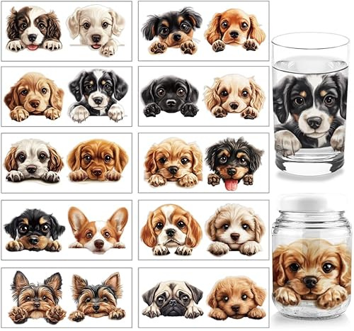 arricraft 10 Pcs Cute Dog UV DTF Transfer Sticker, 10 Styles Peeping Dog Transfer Paper Rub on Stickers PVC Cup Wrap Waterproof Rub Decals for Cup Glass 24x11cm/9.4x4.3inch
