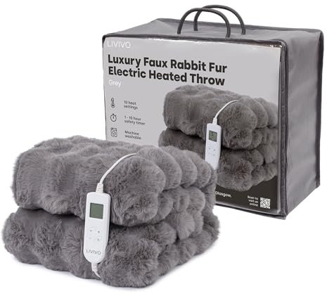 LIVIVO Faux Rabbit Fur Electric Heated Throws for Adults, 160x130cm – Plush Soft Electric Throw Blanket with 10 Heat Levels, Auto Shut-Off, Overheat Safety & Machine Washable Design - Grey