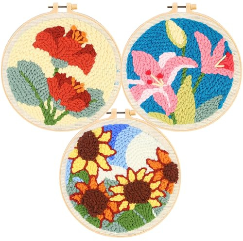 Allazone 3 Pz Punch Needle Kit Completo per Ricamo con Fiore, Ricamo Starter Kit, Set da Ricamo Punch Needle per Adulti con Telaio da Ricamo, Ago e Fili