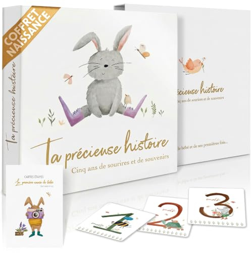 Libro de nacimiento para bebé de 0 a 5 años con 13 tarjetas de pasos – Estuche de nacimiento listo para regalar, álbum de recuerdos de 120 páginas, 6 bolsas de recuerdos, regalo nacimiento niña niño