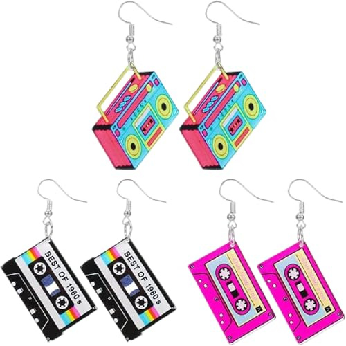 3 Paare Retro Kassettenband Ohrringe,90er Jahre Outfit Damen Mode Accessoires,80er 90er Neon-Ohrring,Festival Accessoires Damen,Acrylmaterial,Modische Ohrringe Für Mottoparty Und Kostümveranstaltungen