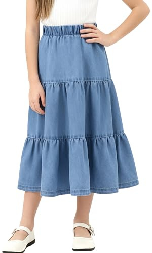 Happy Cherry - Jupe en Jeans Longue Fille Taille Élastique pour Fêtes École Carnaval Filles Jupes Maxi en Denim Trapèze Y2K Vintage Streetwear Enfants pour Été Hiver Printemps Automne - 110-164