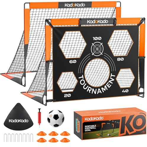 KadoKado Kids Football Goal Set 4x3ft – Foldable Soccer Net with Size 3 Football, Target Cloth, Cones & Pump,for Ages 4-10 Garden & Outdoor Play – 2pack G210DP