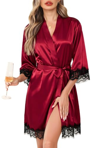 Lovasy Peignoir Satin Femme Mariage Robe de Chambre en Dentelle Court Kimono Bride Soie Sexy Léger Col V avec Ceinture Robe de Demoiselle d'Honneur