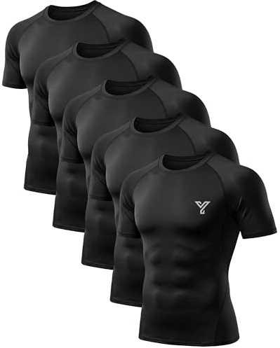 YESWEL Lot De 5 T-Shirts De Compression Homme Manches Courtes, Fonctionnels, Respirants Et SéChage Rapide, sous-VêTements Techniques pour Running, Fitness Et Salle De Sport (Noir, L)