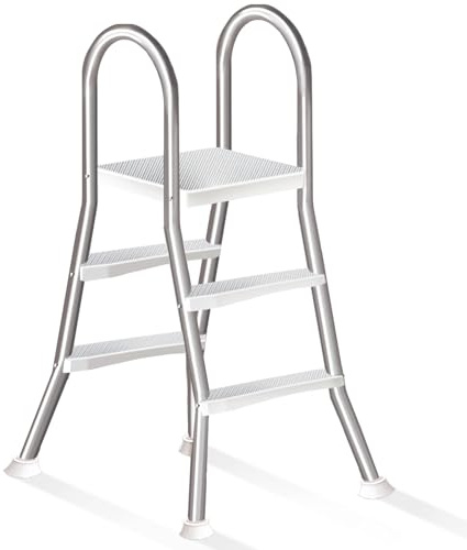 Errzom Escalera de Doble Cara para Piscinas Elevadas con Peldaños Antideslizantes, Escalera de Acero para Piscinas con Barandillas de Seguridad, para Piscinas de 135 cm,85cm