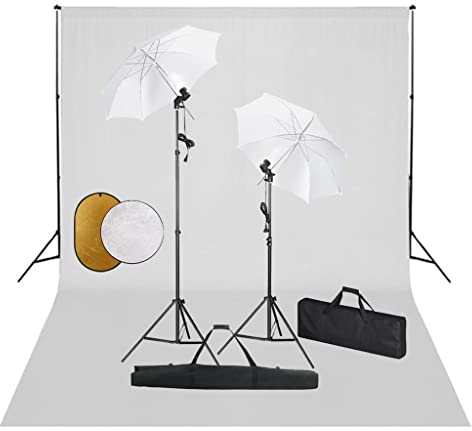Kaloriko Fotostudioset med LED-dagsljuslampor, dimbara studiostrålkastare, justerbart bakgrundssystem 500 x 300 cm, reflektorer 5-i-1 och 2-i-1, aluminiumstativ