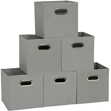 Household Essentials Fabric Storage Bins 6 Piece Set, Strong Poly-Woven Fabric, Sturdy Chipboard Sides, Grommet Front Handle, Stackable and Foldable, Classic Design, Dove Gray