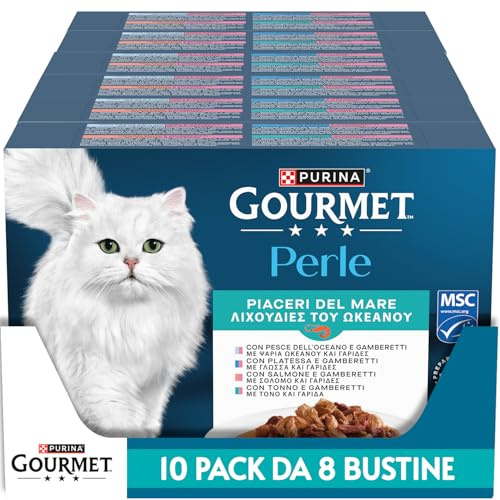 Purina Gourmet Perle Piaceri del Mare Umido Gatti con Salmone, Platessa, Tonno e Pesce dell'Oceano, 80 Buste da 85g