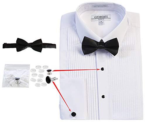 Gioberti Men's Kent Lay Down Collar Tuxedo Dress Shirt with Bow Tie, White, Medium (33/34)