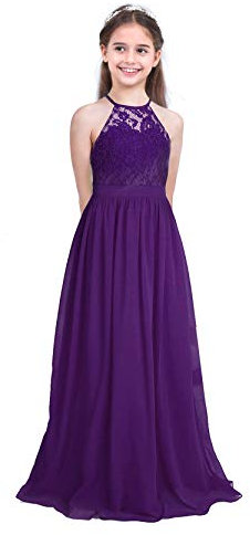 Freebily Enfant Long Robe De Soirée Cocktail Fille Dentelle Fleur Costume De Cérémonie Mariage Fille Robe Princesse sans Manche Taille Haute Violet 14 Ans