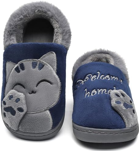Vunavueya Mujer Zapatillas de Estar por Casa Hombre Zapatos Pantuflas Casa Invierno Interior Caliente Peluche Forradas Slippers Azul Forro 39/40 EU=40-41CN