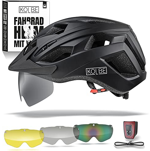 KOLBE Fahrradhelm Mit Visier - 3 Magnetische Visiergläser - M Helm für Herren & Damen - Trekking-, City- & Rennradhelm Mit Licht (Aufladbar) + Ersatzpolster + Beutel