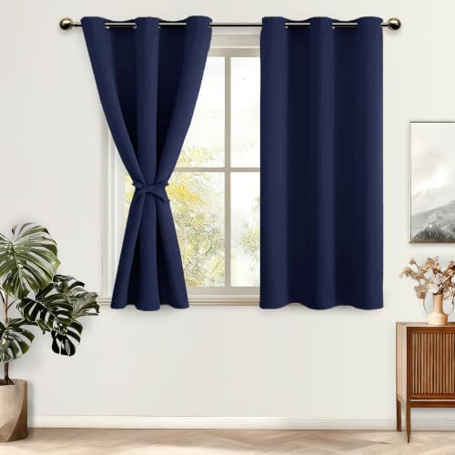 DWCN Navy Blue Blackout Curtains with Tiebacks for Bedroom Thermal Insulated Solid Eyelet Curtains for Living Room,2 Panels,46 Wide x 54 Drop