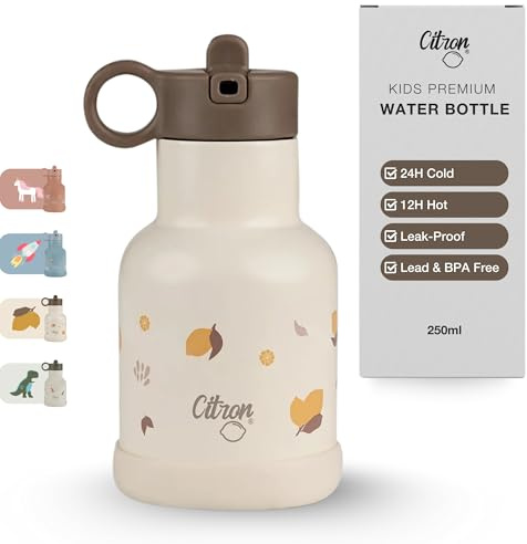 Citron Stainless Steel Insulated Water Bottle Kids 250ml – BPA & Lead-Free, Vacuum Seal Leak Proof Straw Lid, Kids Metal Water Bottle – Keeps Liquids Cold for 24 Hours & Hot for 12 Hours - 8.45 oz