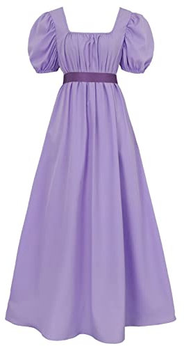 FRIUSATE Robe Régence Verte Renaissance pour Femme, Costume avec Ceinture Taille Empire, Longue à Volants et Manches Bouffantes pour Fêtes, Mariages et Gala, Violet Lavande, L