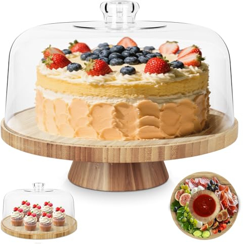 Myiosus Cake Stand with Lid, Wooden Cake Stand with Dome Lid, Multi Purpose Cake Display with Lid for Birthday Wedding Party Picnic (Clear, 28cm)