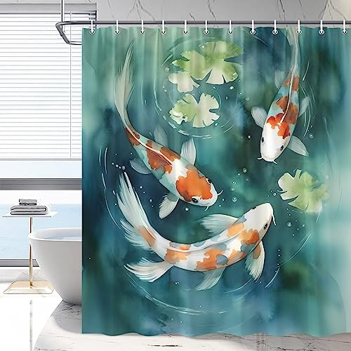 RDRUVA Koi Fish Shower Curtain Asian Japanese Art Bathroom Curtains Colorful Carp Lotus Leaf Pond Oriental Traditional Spring Watercolor Ink Painting Bathtub Decor Include Hooks 70 x 70 in