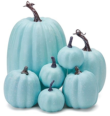 7Pcs Artificial Pumpkins of all Styles Halloween Decoration Rural Style Farmhouse Foam Pumpkin Harvest Season Thanksgiving Day is Suitable for Table top House Dining Table Party Decoration (Light Blue