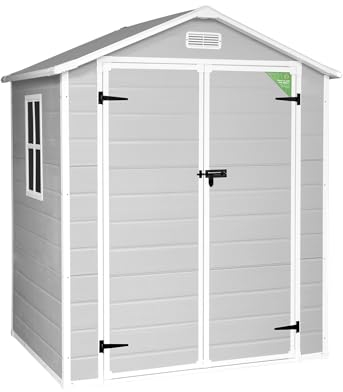 Wasabi - Caseta Jardín Resina Aqua 2.6 – Ventana Luz Natural - Suelo Incluido - Paneles 12mm Espesor - Gris Blanco - Armario PVC Exterior - 2,39m2 - Techo Dos Aguas