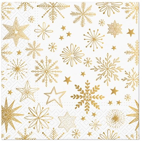 20 Servietten Weihnachten Schneeflocken und Kristalle in gold als Tischdeko. Papierservietten mit Motiv. Auch für Decoupage und Serviettentechnik 33x33cm