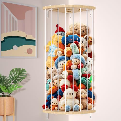 LAHAQIQI Corner Stuffed Animal Storage Organizer with Star Pattern for Teddy Length Adjustable Wood Hanging Plush Toy Shelf for Nursery, Play Room, Bedroom, or Kids Room