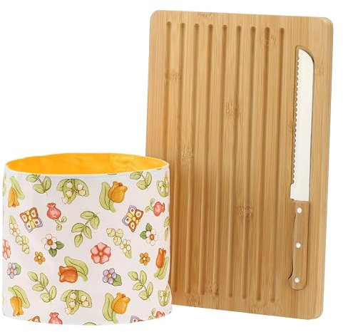 THUN, Set Tagliere In Legno, Coltello e Sacchetto Porta Pane in Bambù e Acciaio Inox, Porta pane in 100% Cotone, Collezione Happy Country, Idea Regalo per Cucina, Tagliere 35 x 25 x 1,5 cm