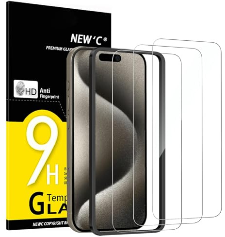 NEW'C 3 Pack, skärmskydd i glas för iPhone 15 Pro Max (6,7 tum), bubbelfri, 9H hårdhet, 0,33 mm ultratransparent, ultrabeständigt härdat glas,Enkel installationsverktyg inkluderat